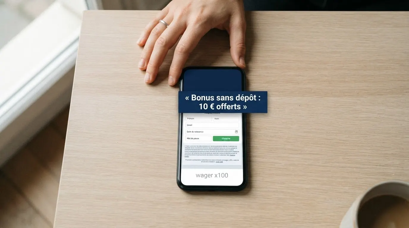 Capture d'écran d'une page d'inscription de casino affichant une offre de bonus sans dépôt, avec les conditions de mise en petits caractères visibles en dessous